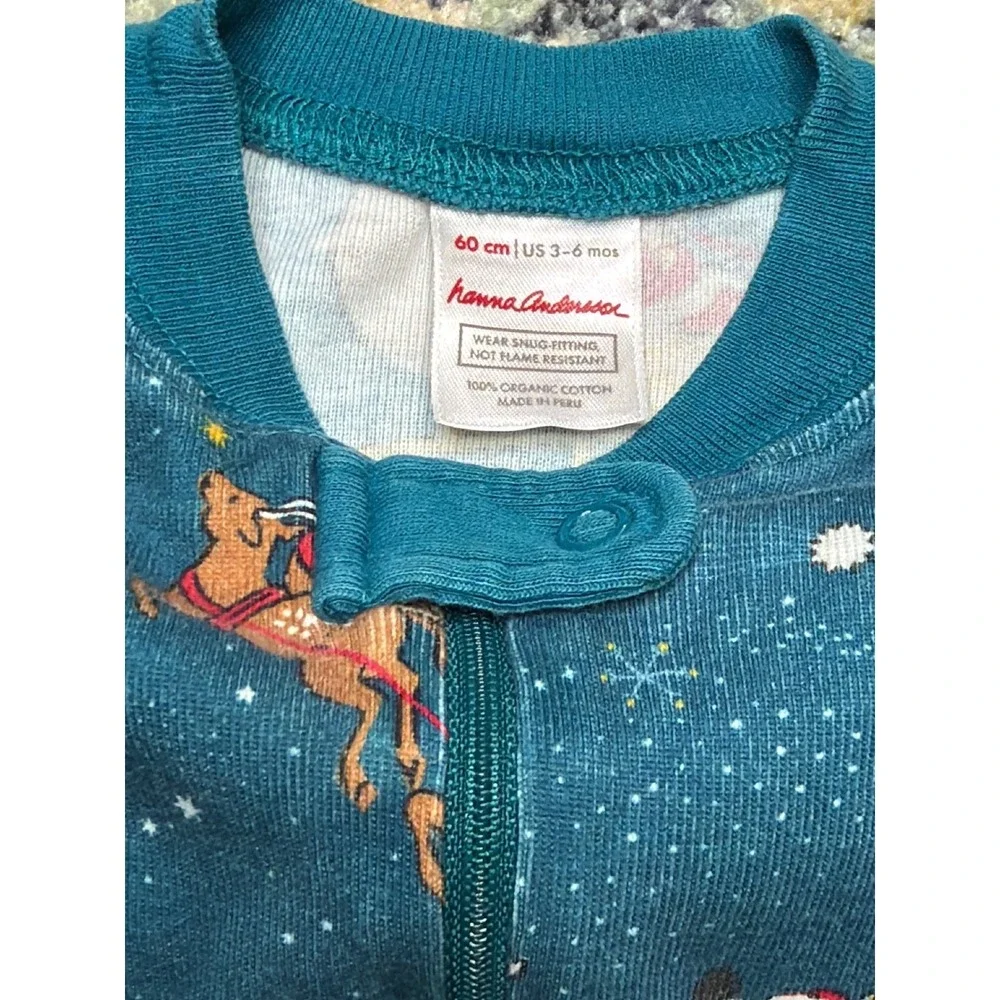Hanna Andersson Pajamas Boys 3-6M Teal Santa Reindeer Organic Cotton EUC